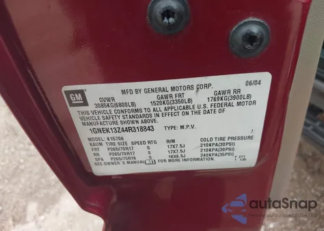 2004 Chevrolet Tahoe Z71 из США, поврежденный, VIN 1GNEK13Z44R318843